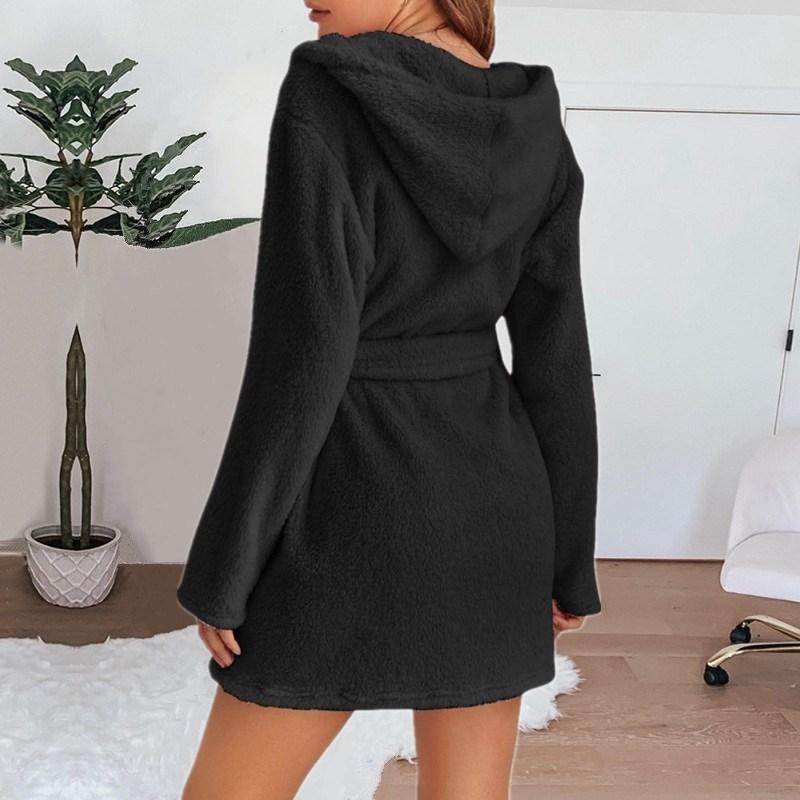 Autumn Winter Women Bath Robe Fluffy Plush Pyjamas Ladies Sexy Hooded Dressing Solid Color Gown Warm Bathrobe Female Loungewear