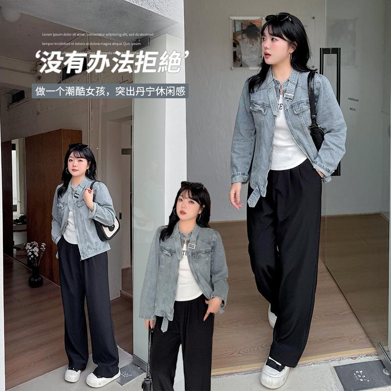Retro ruffian handsome high street denim jacket women's autumn new fat mm thin neutral style top 132007