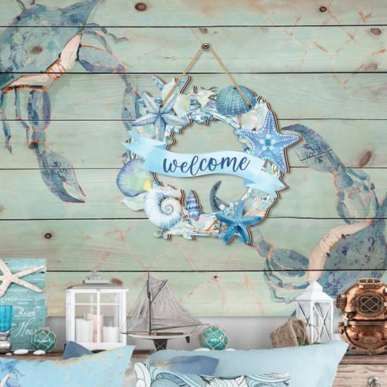 Door Sign Watercolor Starfish Seashells Design Wooden Beach Decor with Hanging Rope Waterproof Outdoor Indoor Seaside Entrance Sign Home Accent