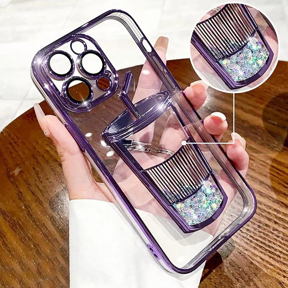 Electroplated Quicksand Liquid Phone Cases For iPhone 11 12 13 14 Pro Max Case Clear Milk Tea Cups Sequins Glitter Back Cover