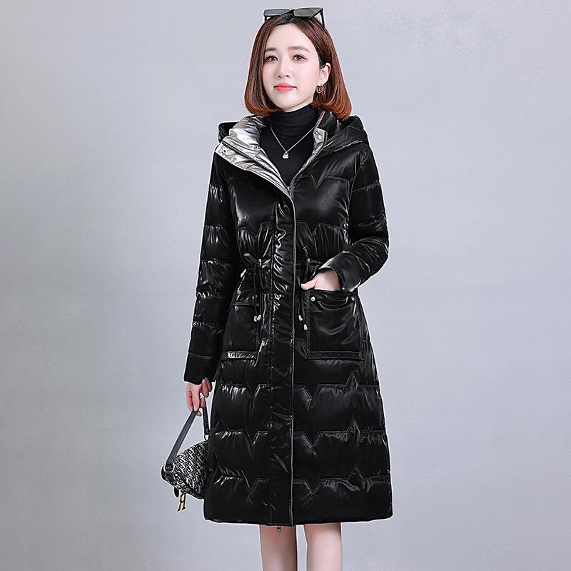 Bright Cotton-padded Jacket Women's Long Over-the-knee Slim Hooded Waist Coat In Winter