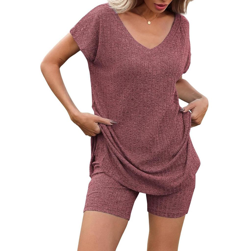 Женский летний комплект из двух частей с шортами, трикотажный домашний спортивный костюм с V-образным вырезом