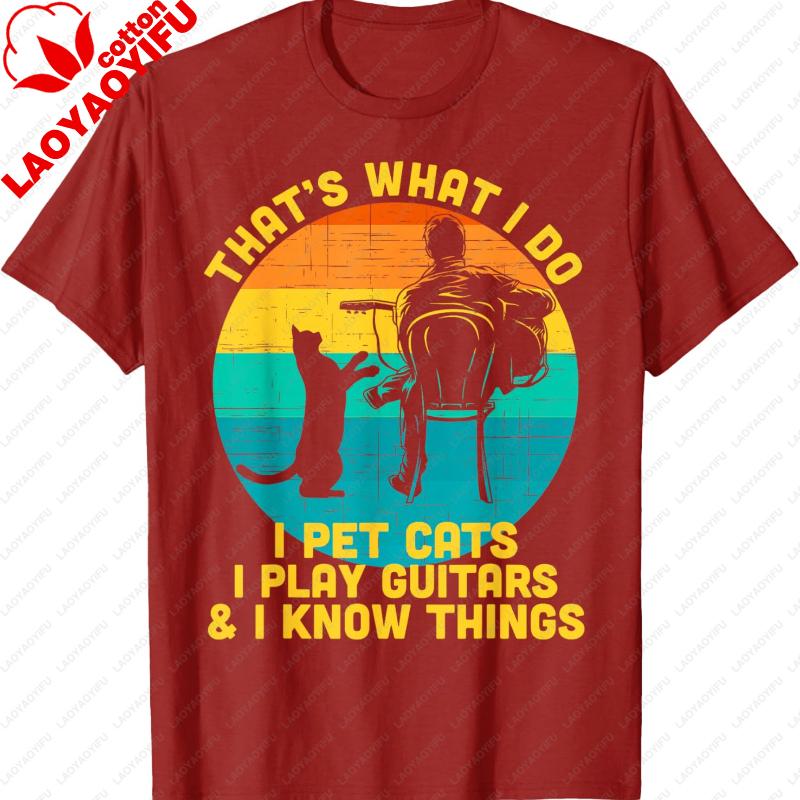 Style That's What Do I Pet Cats Play Guitars Unisex Cat and Guitar Graphic T-Shirt Cotton All-match Loose Regular Short Sleeve