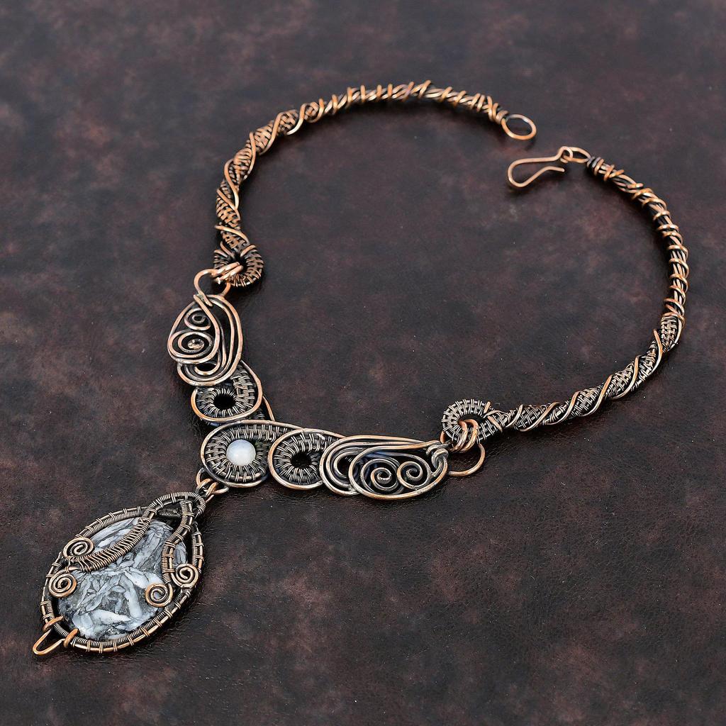 Ожерелье из пинолита из яшмы, ожерелье из медной проволоки, ожерелье из радужного лунного камня, ожерелье ручной работы из настоящего драгоценного камня, медные украшения, подарок для мамы