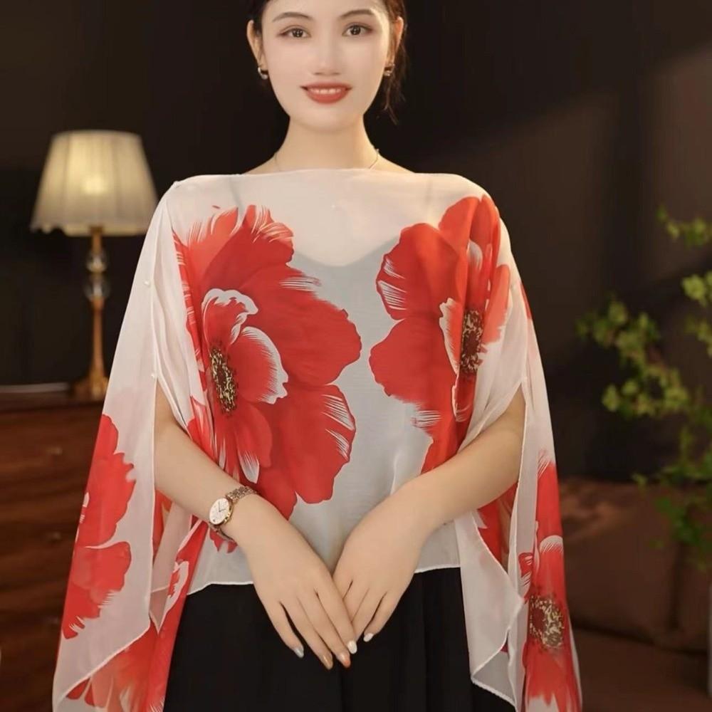 Long Length Sun Protection Shawl Flower Pattern Chiffon Scarf Breathable Shawl  Outdoor Activities