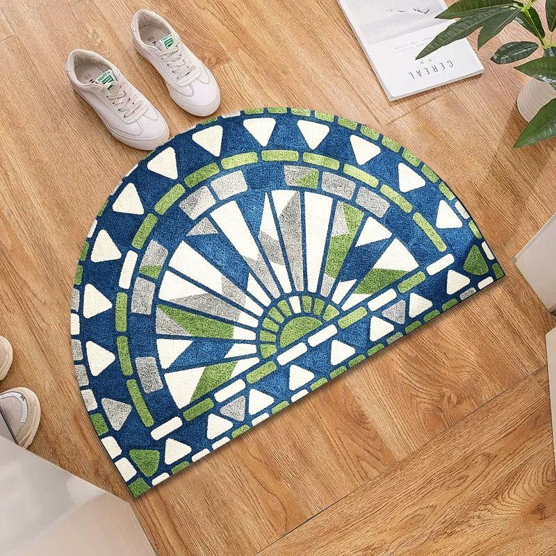 Blue Green Geometric Mosaic Half Round Bath Mat, Non‑Slip Water Absorbent Modern Bathroom Floor Rug