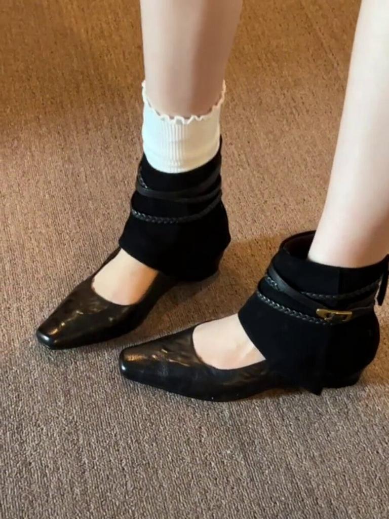 Retro western style woven splicing square head low heel hollow single shoes women's buckle inner height increase versatile light mouth thin boots