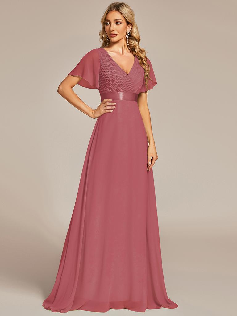Ever-Pretty Women's Double V-Neck Empire Waist Floor Length Chiffon Evening Dresses with Short Flutter Sleeves