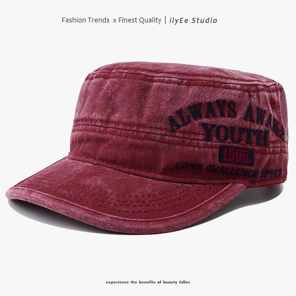 Spring/Summer Washed Cotton Curved Brim Baseball Cap with Letter Embroidery - Unisex Flat-Top Military Style