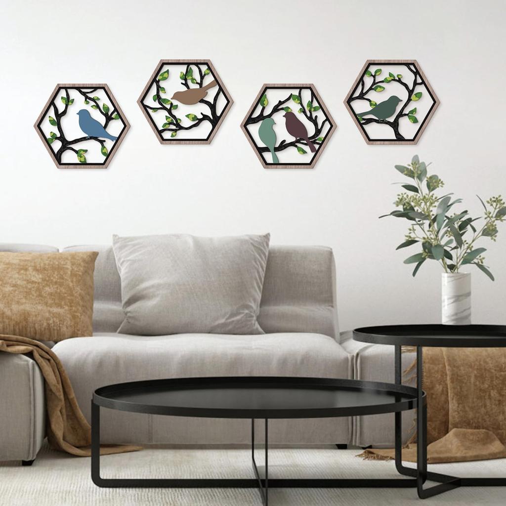 CHDITB 4Pcs Wooden Bird on Birch Tree Branch Wall Art, Boho Modern Green Leaves Silhouette Bird Laser Cut Artwork, Rustic Farmhouse Nature Wall