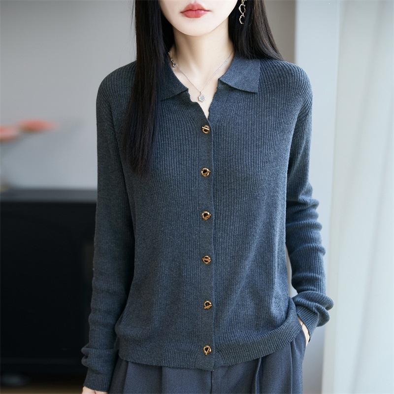 Wool Lapel Knitted Cardigan with Long Sleeves and Ribbed Cuffs, Loose-fitting Top