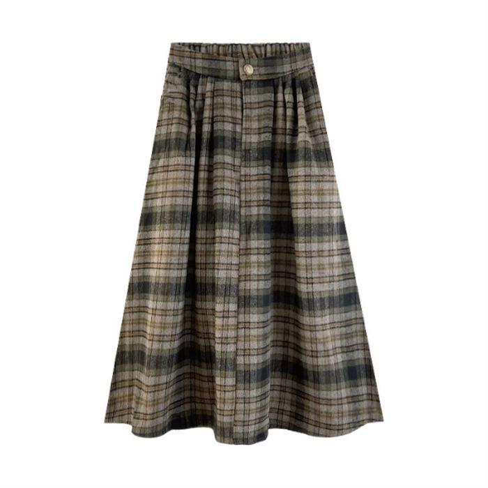 Женская юбка-трапеция из шерсти в зеленую клетку с высокой талией - Коллекция Осень/Зима 2024