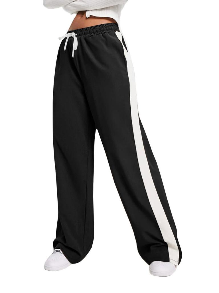 Contrasting Colour Block Elastic Waist Wide-leg Pants Casual Straight-leg Pants for Women Wide-leg