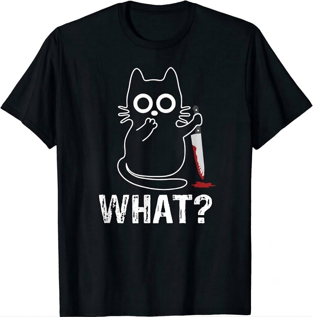 Funny Cat With Knife T-Shirt "WHAT?" Meme Graphic Tee Black Cotton Shirt New