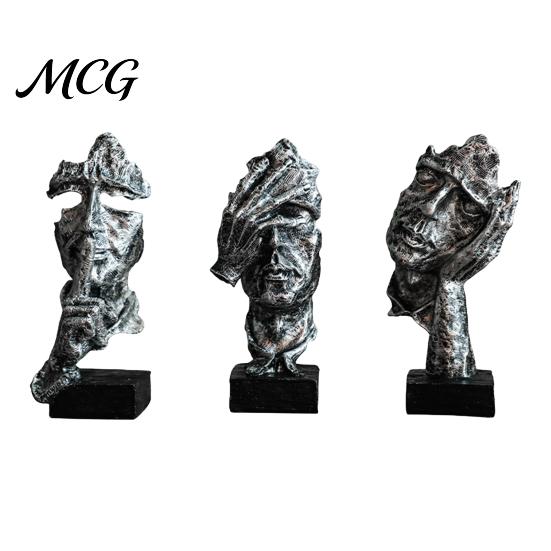 Silence Is Gold Sculpture Set 3Pcs Abstract Silent Figure Set, Minimalist Art Desk Decor with Finger-to-Lips, Cover-Eyes & Industrial Style Chin-Rest