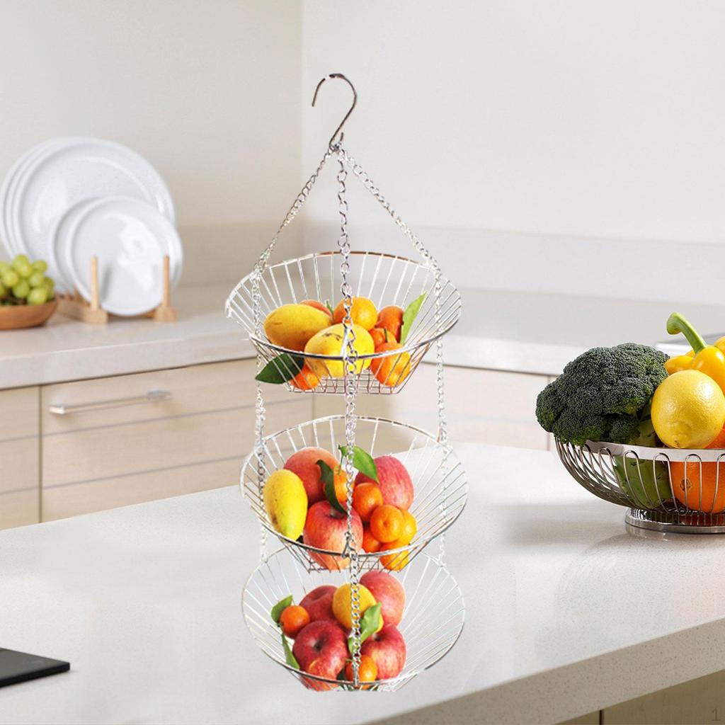 3-х уровневая подвесная корзина для фруктов и овощей, железная, с крючком, кованое железо