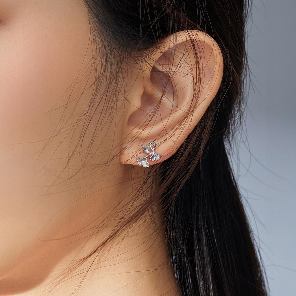 Earrings Ginkgo Biloba Plants, 925, Shiny, Leaf Stud
