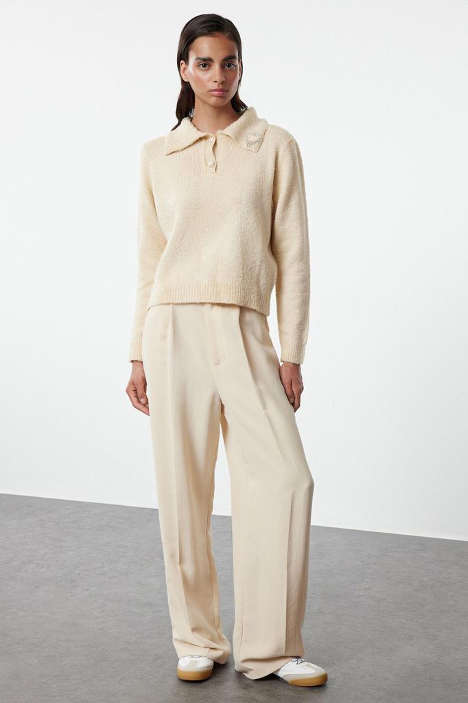 Women's Elegance Style Sweater Stone Soft Textured Bronze Detailed Knitwear Sweater