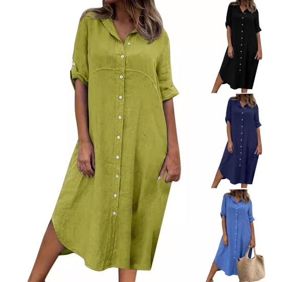 Summer Women Dress SIngle-breasted Half Sleeves Turn-down Collar Loose Solid Color Buttons Commute Daily Wear Midi Dress