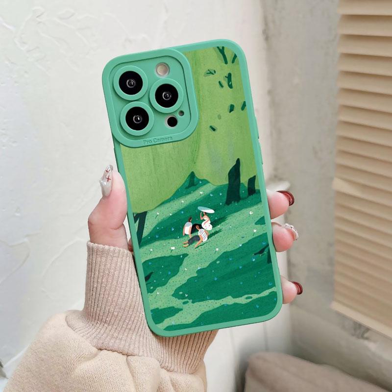 Мультяшный зеленый газон пригородный отдых чехол для телефона для IPhone 14 11 12 13 Pro Max 7 8 14 Plus SE2 XR XS X винтажный милый мягкий чехол