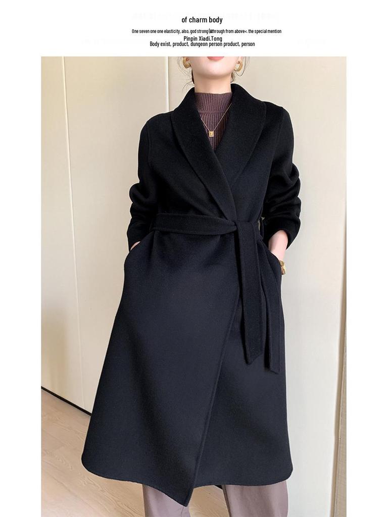 Women's Double-Faced Wool Overcoat with Tie Waist - Extra Long Lapel, Autumn/Winter.