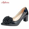 Aphixta New 7cm Square Heel Patent Leather Shoes Women Pumps Dark Green Flowers Officile Pointed Toe Plus Size 49 50