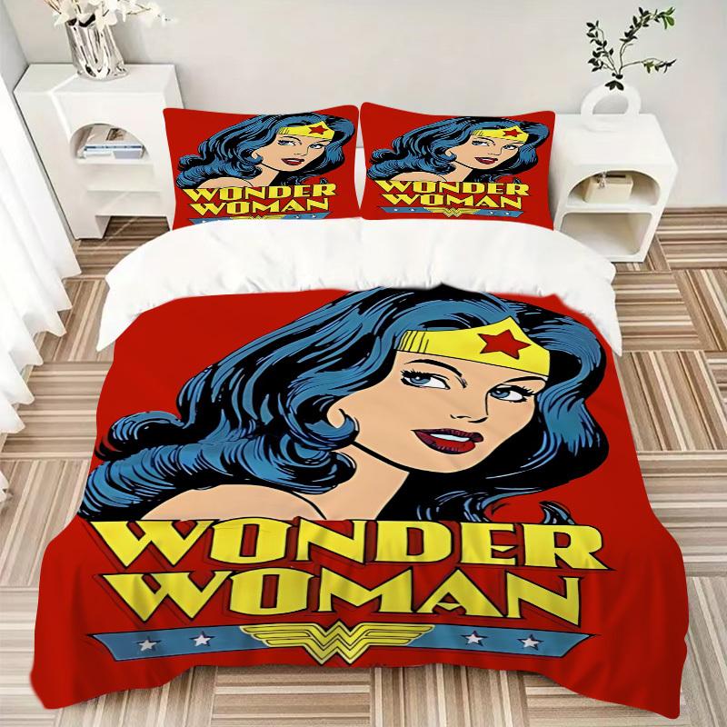 3pcs Wonder Woman Bedding Set, Soft Polyester Duvet Cover and Pillowcases Machine Washable Seasons all suitable & Guest Room Decor282