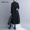 Korean Fashion Plus Size Autumn Winter Women Warm Midi Knitting Dress Turtleneck Black Brown Fleece Dress Long Sleeve Casual Loose Dress With Pockets