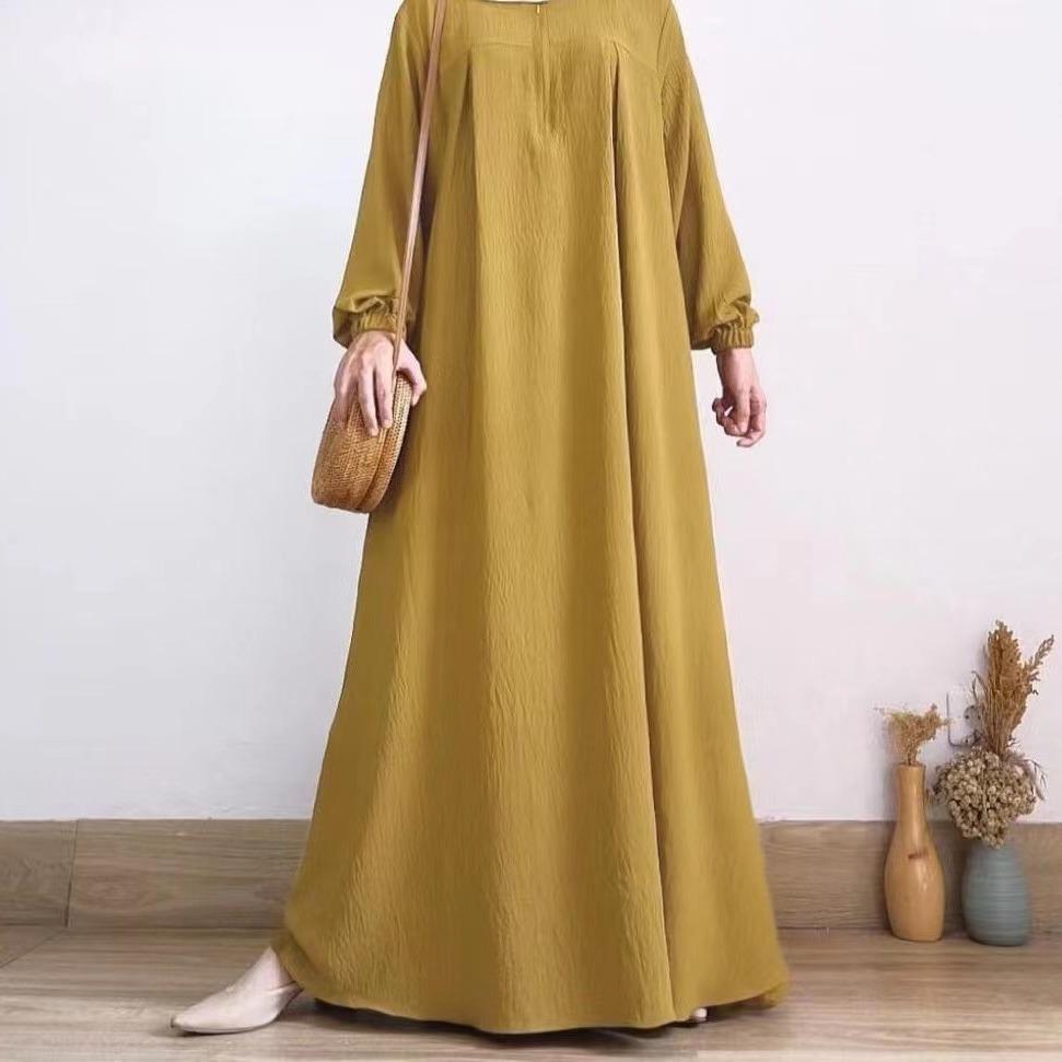 2024 Middle East Muslim Women's Puff Sleeve Dress with Zipper Placket and Elastic Cuffs