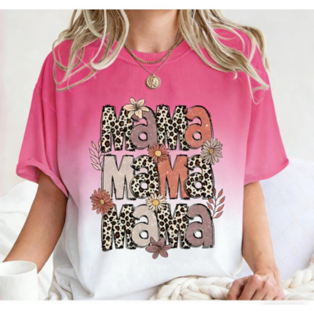 Funny Leopard Letter Mama Flower Print Women's Short Sleeves T-Shirt Loose Casual Summer Outdoor Street Women's Tees Tops