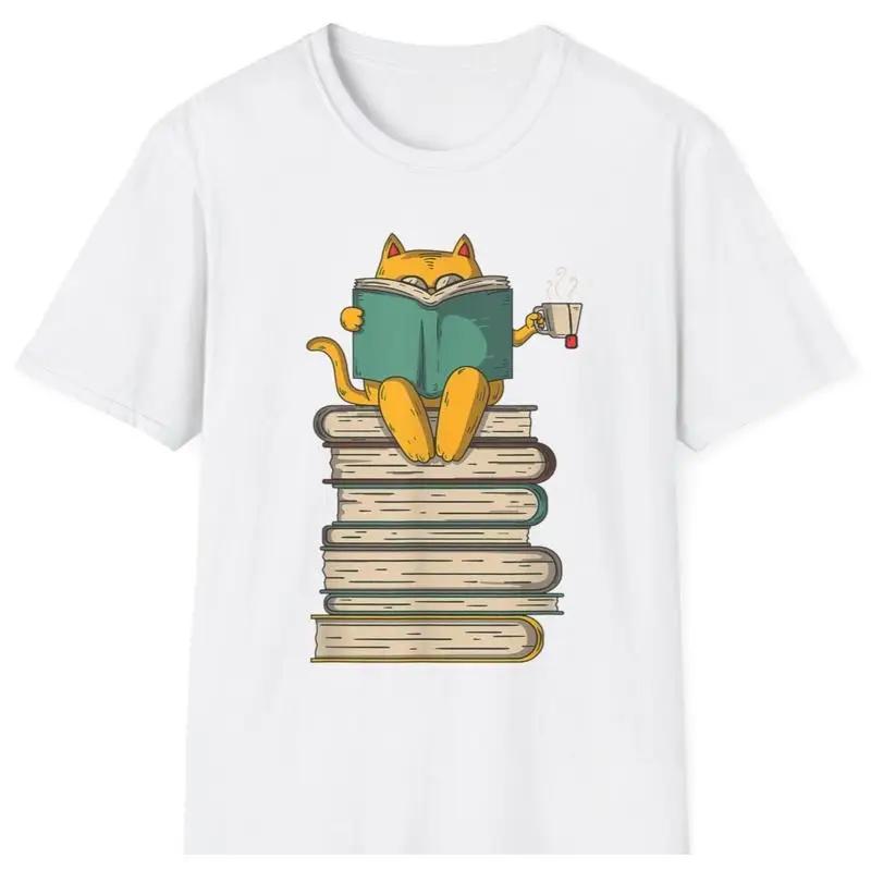 Кошка читает книгу Любитель чая Графическая футболка Унисекс Мягкий хлопок Короткий рукав Футболка