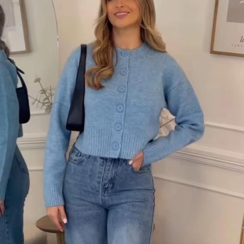 Синий укороченный кардиган для женщин Вязаные короткие свитера для женщин Трикотажные изделия Вязаный кардиган для женщин Длинный рукав женский свитер