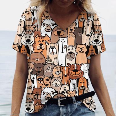 Женская футболка с забавным принтом кота Женская футболка Футболка свободного покроя Топ Летняя НОВАЯ повседневная женская одежда Дизайнерские топы с V-образным вырезом Футболки