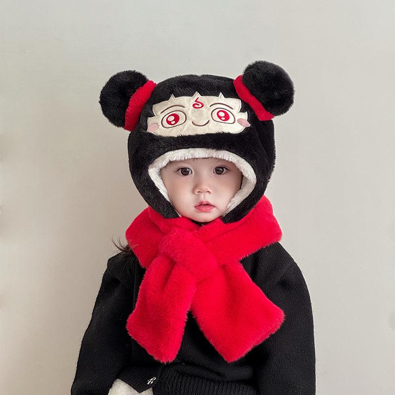 Children's Scarf and Hat All in One Festive and Cute Nezha Ear Protection Hat Warm and Thickened Plush Pullover Hat for Men and Women