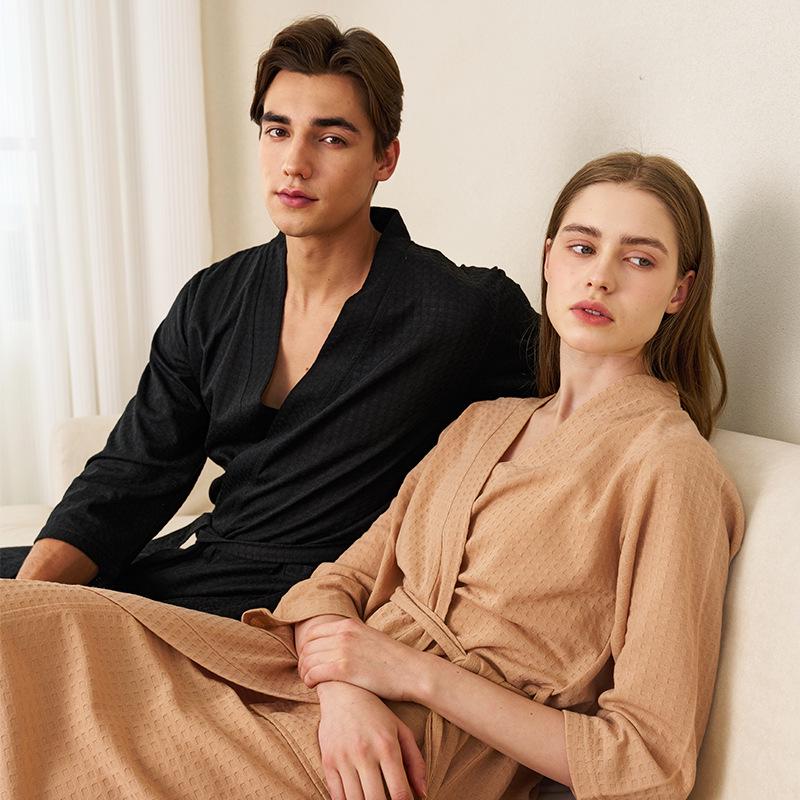 Spring-Summer Waffle Bathrobe: Unisex, Lightweight, 3/4 Sleeves, Korean Style, Absorbent