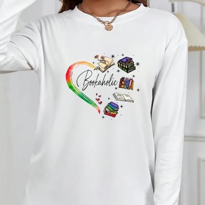 Топы для женщин Magic Book Love Print Round Neck Футболка с длинным рукавом Осенний повседневный тонкий пуловер Женский топ с длинным рукавом