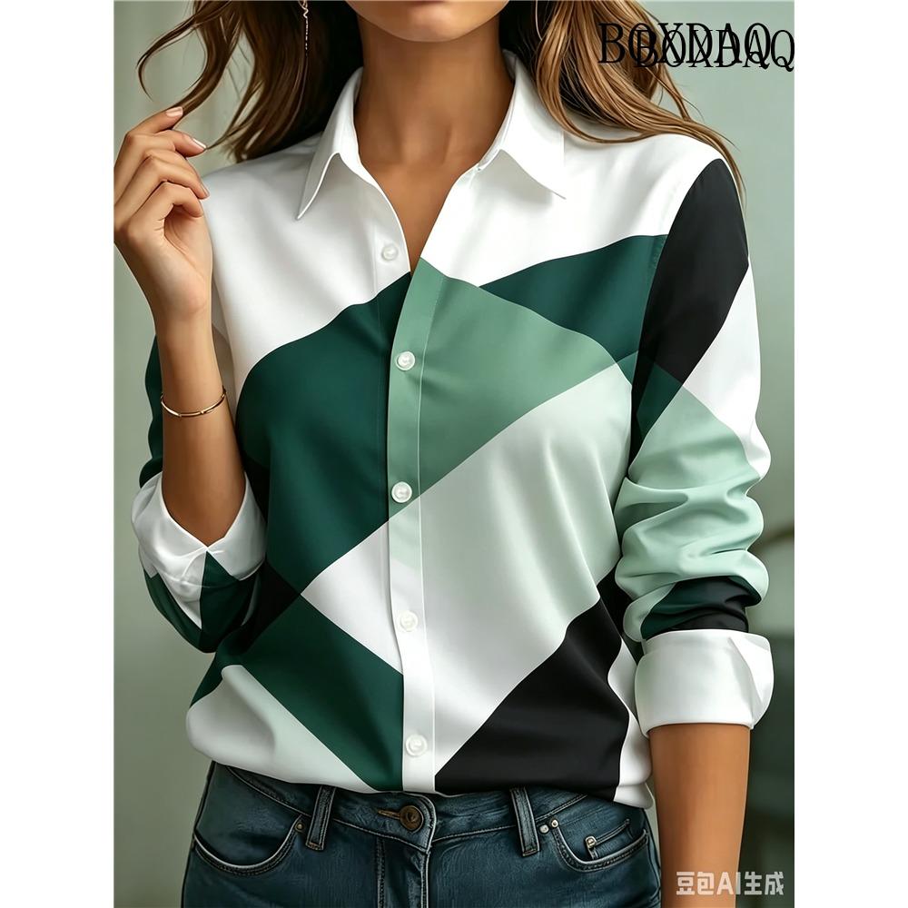 Fashion Color Blocks Printed Office Shirt Fall Women's Lapel Long Sleeve Single Breasted