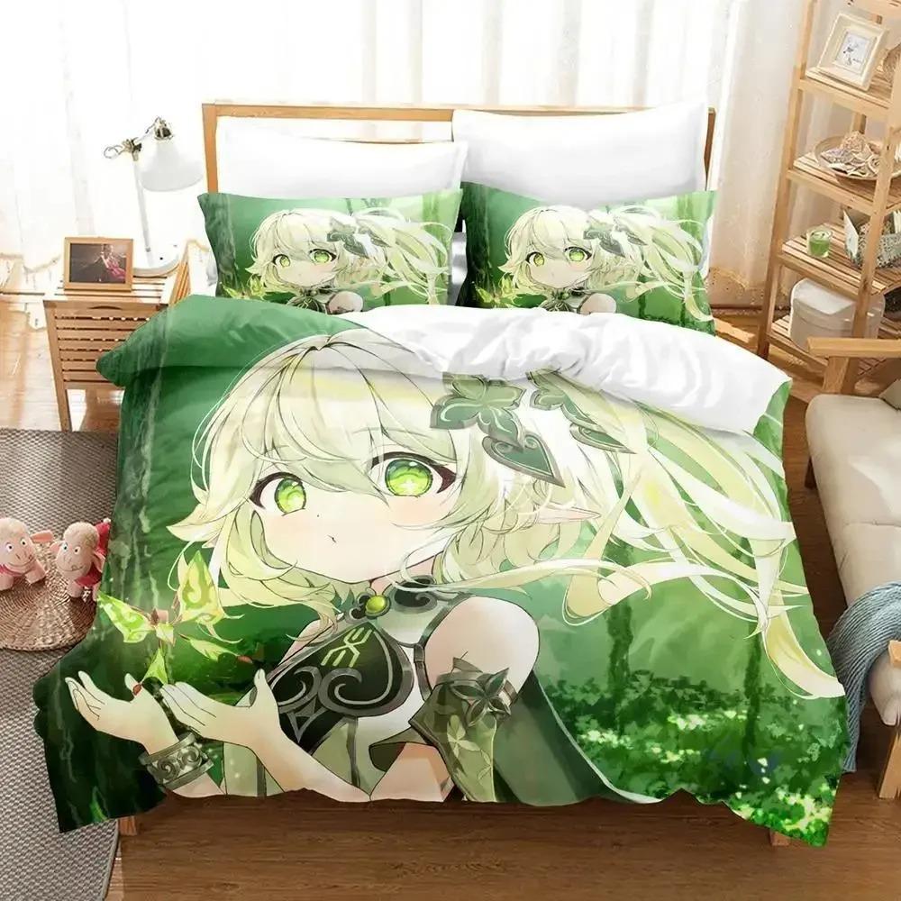 Lightweight Breathable New Game Nahida Genshin Impact Cartoon Anime three piece Adult Kid Bedroom Sets 3D Kawaii Girls Quilt