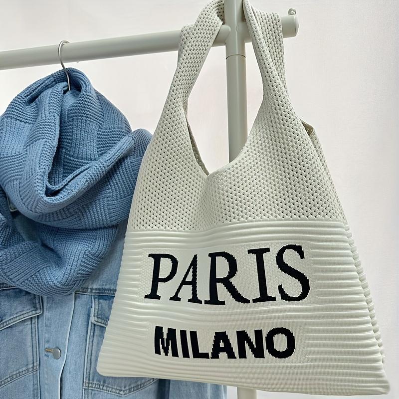 Винтажная сумка-тоут крючком Paris Milano - Шикарная сумка через плечо с надписью "PARIS MILANO", Бежевая и черная, Идеально подходит для пляжа