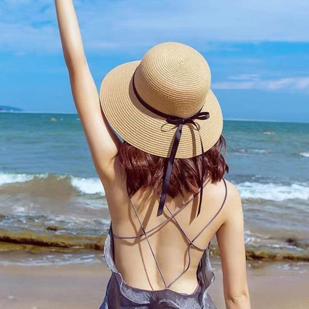 Wide Brim Straw Weave Sun Hat Bow Fisherman Hat Fashion Sunscreen Bucket Hat Outdoor