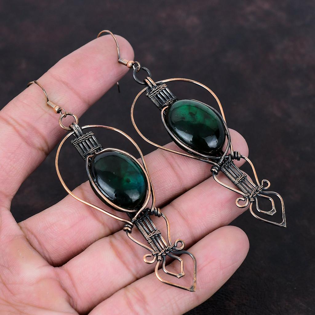 Серьги из зеленого огненного лабрадорита, серьги из медной проволоки, ювелирные изделия из лабрадорита и меди, изящные серьги из драгоценных камней, ювелирные изделия ручной работы, подарок для мамы