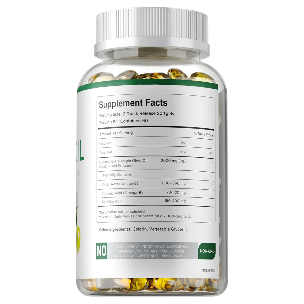 Extra virgin olive oil softgels, 2000 mg, antioxidant support, suitable for both men and women.