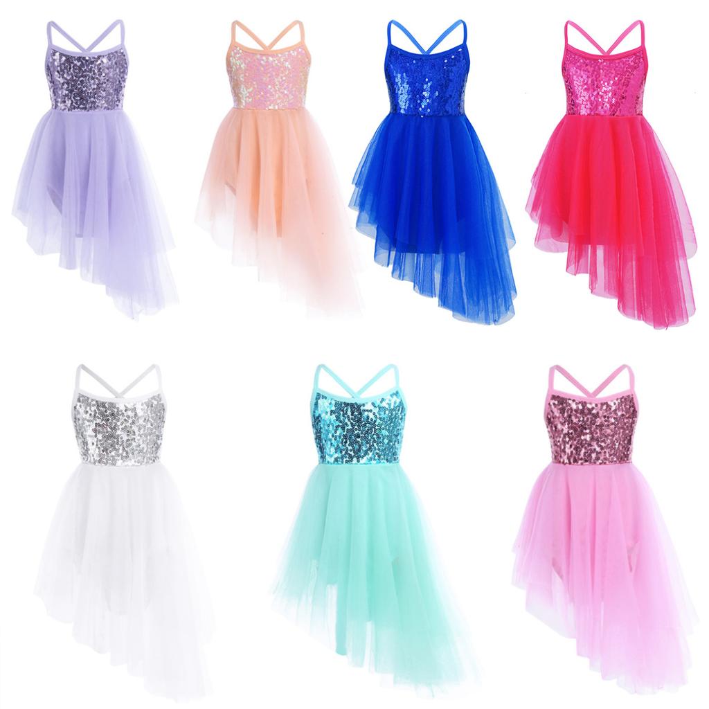 Kids Girls Sleeveless Sequins Tulle Ballet Dance Gymnastics Leotard Dress Lyrical Dance Wear