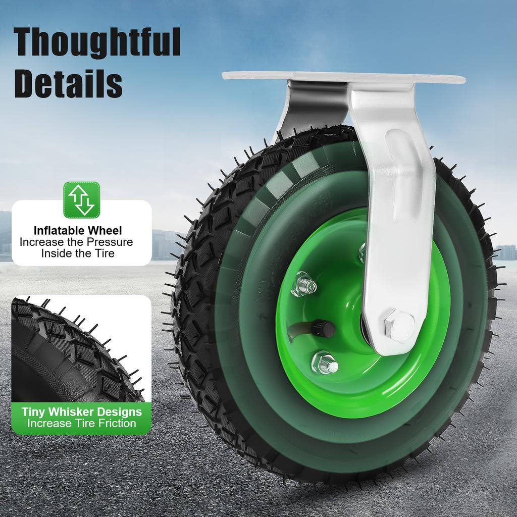 4Pcs 8" Pneumatic Air Tire Wheel Caster Set, 2 Rigid & 2 Swivel Wheels, 220.46lbs Capacity, Universal & Directional Wheel Combo
