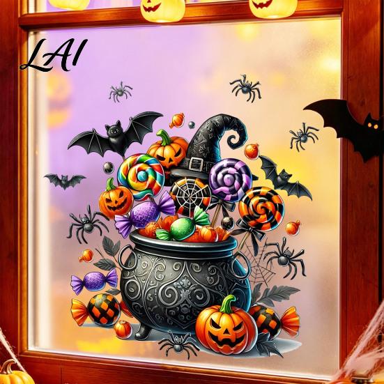 Reusable PVC Window Decor Halloween Static Sticker Cartoon Candy Jar/Scarecrow Shape Clings Removable Glass Art for Parties Decorative Decals