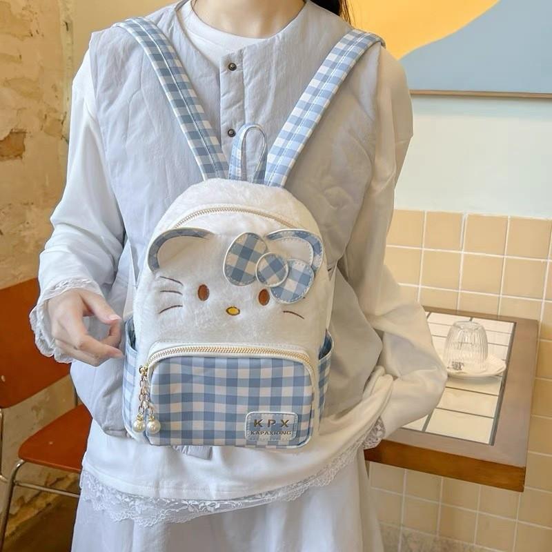 Hello Kitty Cartoon Pu School Backpack With Plush Material And Spliced Pattern Design