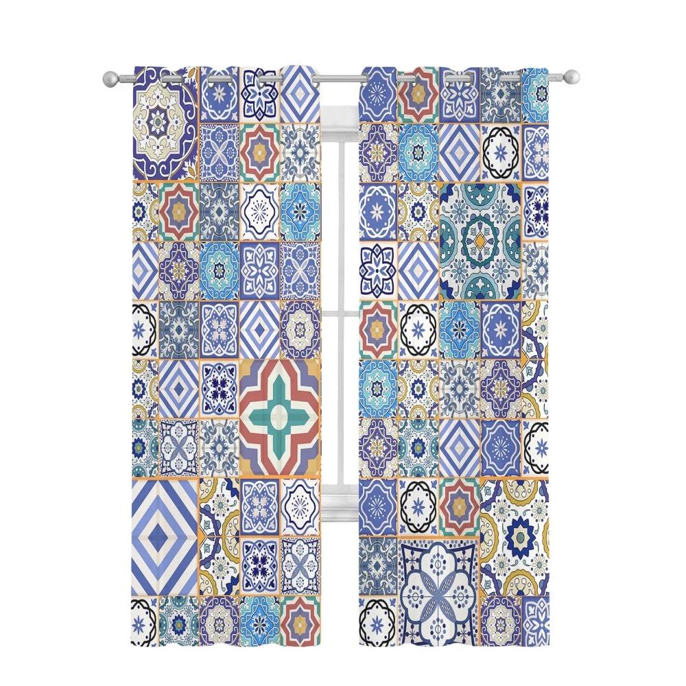 Марокканская плитка, красочные арабески, тюлевые прозрачные оконные шторы для гостиной, спальни, современная вуаль, занавески из органзы, шторы