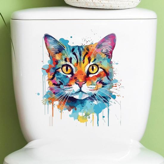 Цветной рисунок наклейка на унитаз с котом, водонепроницаемая, съемная, самоклеящаяся, ПВХ, настенное искусство для гостиной, ванной комнаты, акварель, котенок, декоративная наклейка на крышку унитаза