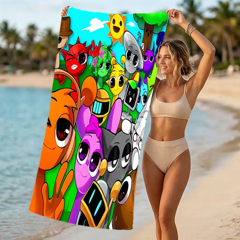 Пляжное полотенце с узором Sprunki из Incredibox - мягкое, впитывающее, можно стирать в машине. Легкое и современное, для плавания, незаменимо в путешествии