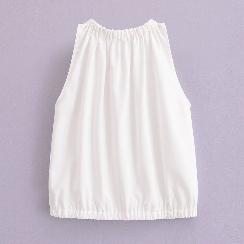 Fashion Style 2024 Summer Romantic Garden Style Minimal White Pleated Round Neck Sleeveless Shirt 05143946251